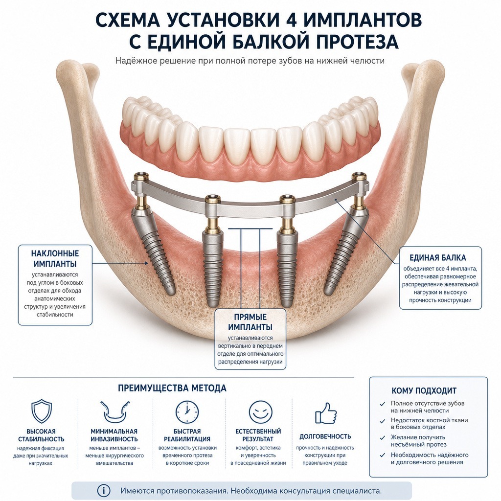 схема расположения четырёх имплантов в челюсти — два прямых импланта спереди и два наклонных под углом сзади, объединённые единой балкой протеза