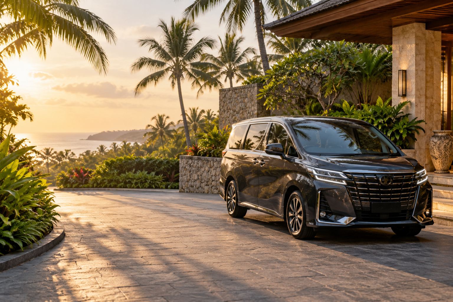 Illustrative concept: a comfortable MPV at a tropical Bali villa
