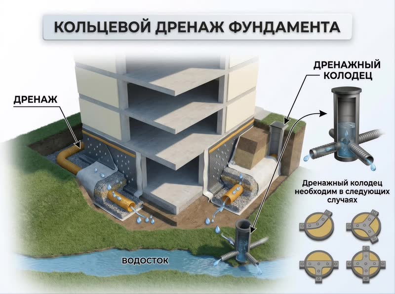 Схема кольцевого дренажа фундамента