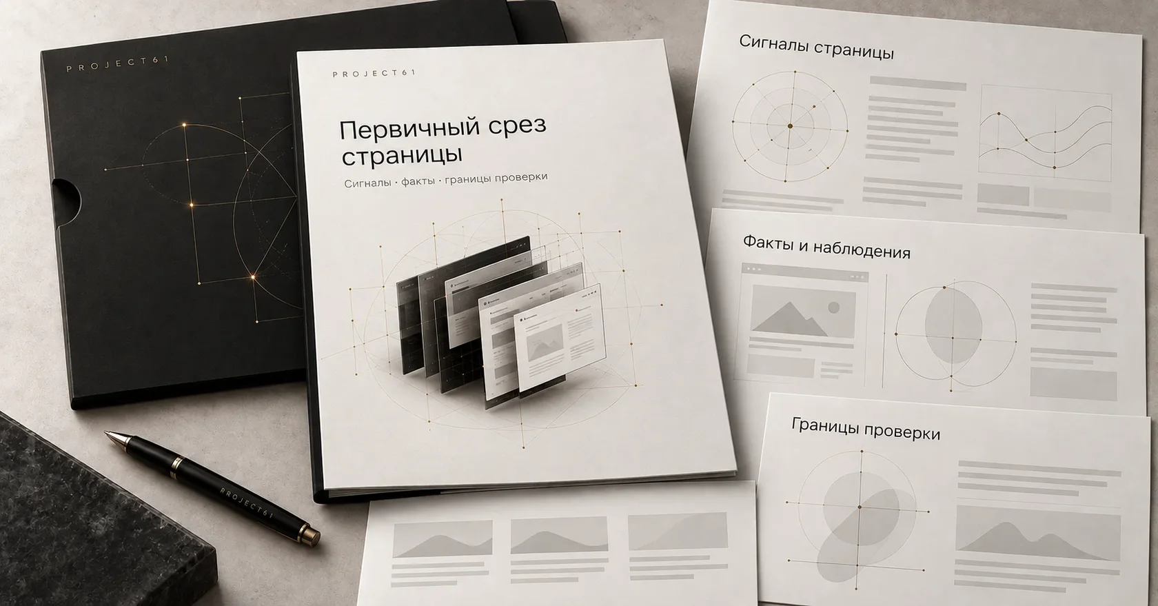Концептуальная иллюстрация отчёта: папка, страницы с сигналами, фактами и границами проверки