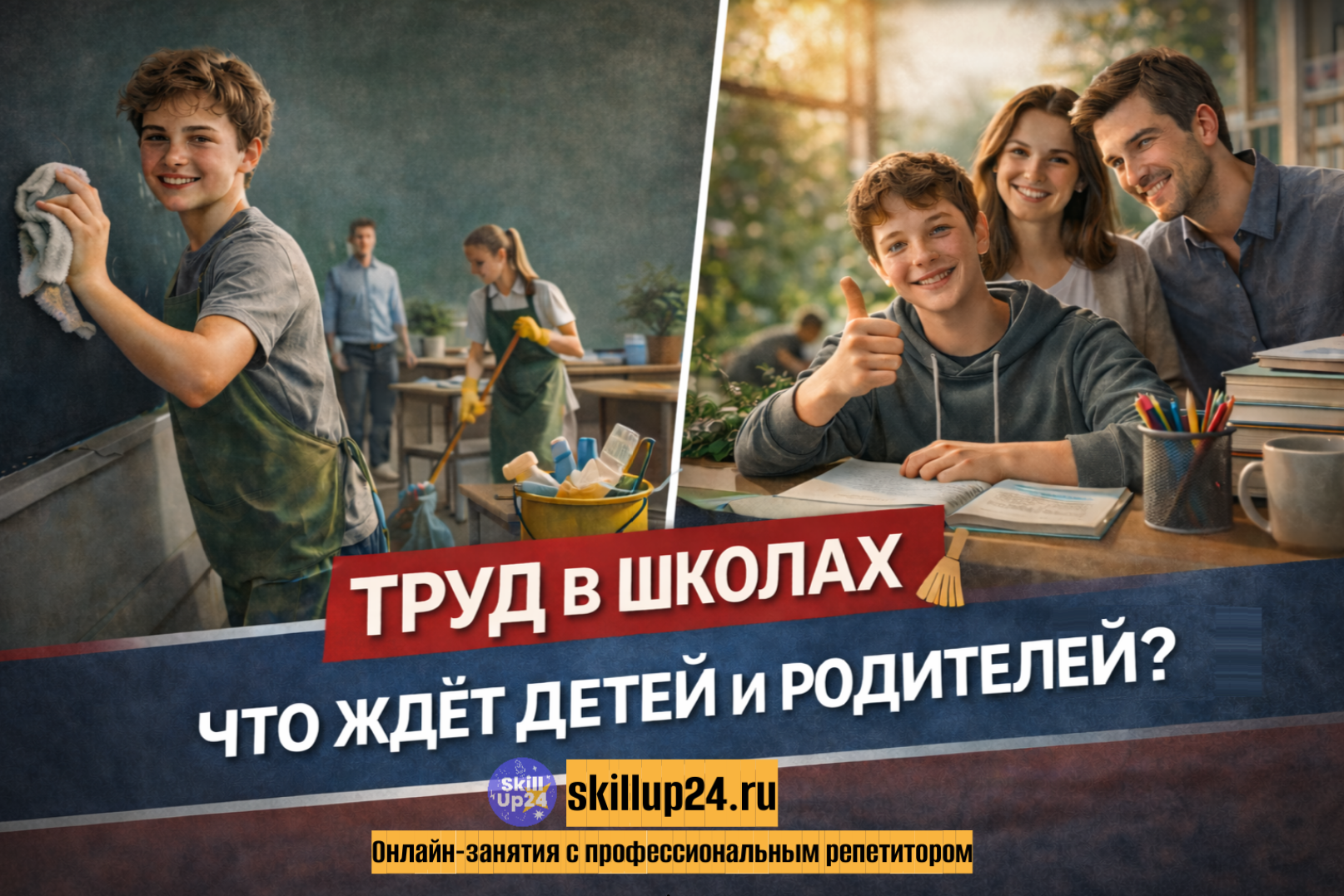 школьники выполняют труд в школе: уборка класса, уход за растениями, работа на пришкольном участке, изменения в школьной программе России, трудовое воспитание школьников, skillup24