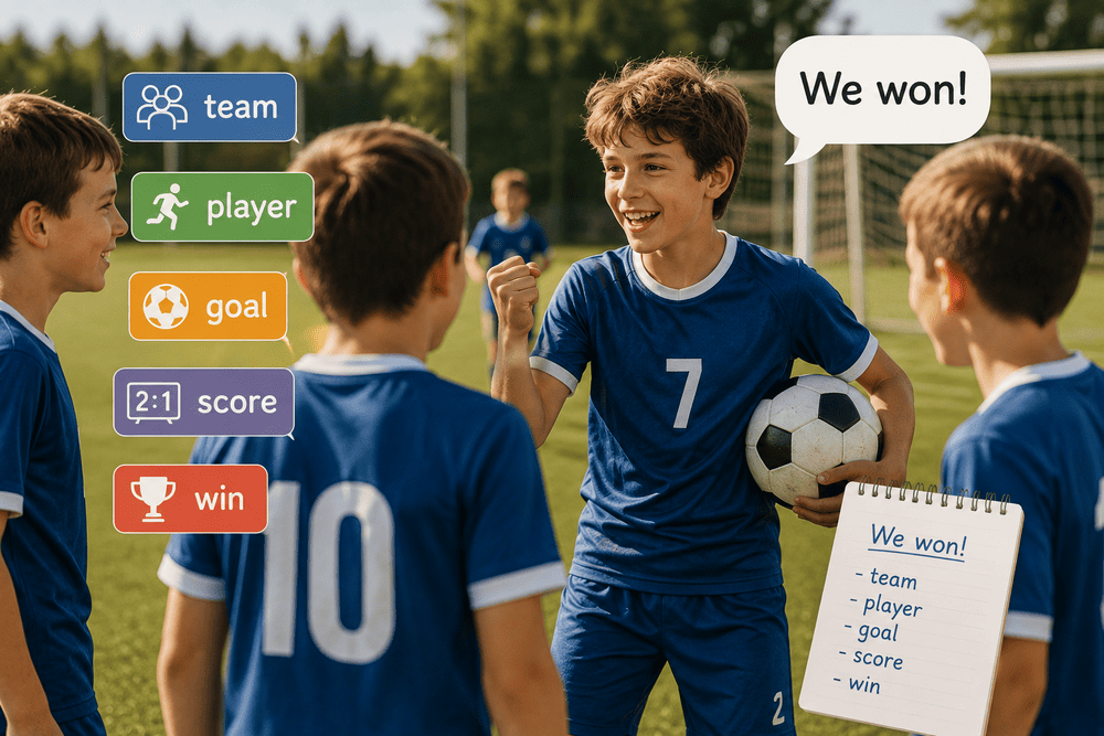 Подросток использует английские слова team, player, goal, score и win во время футбольного матча