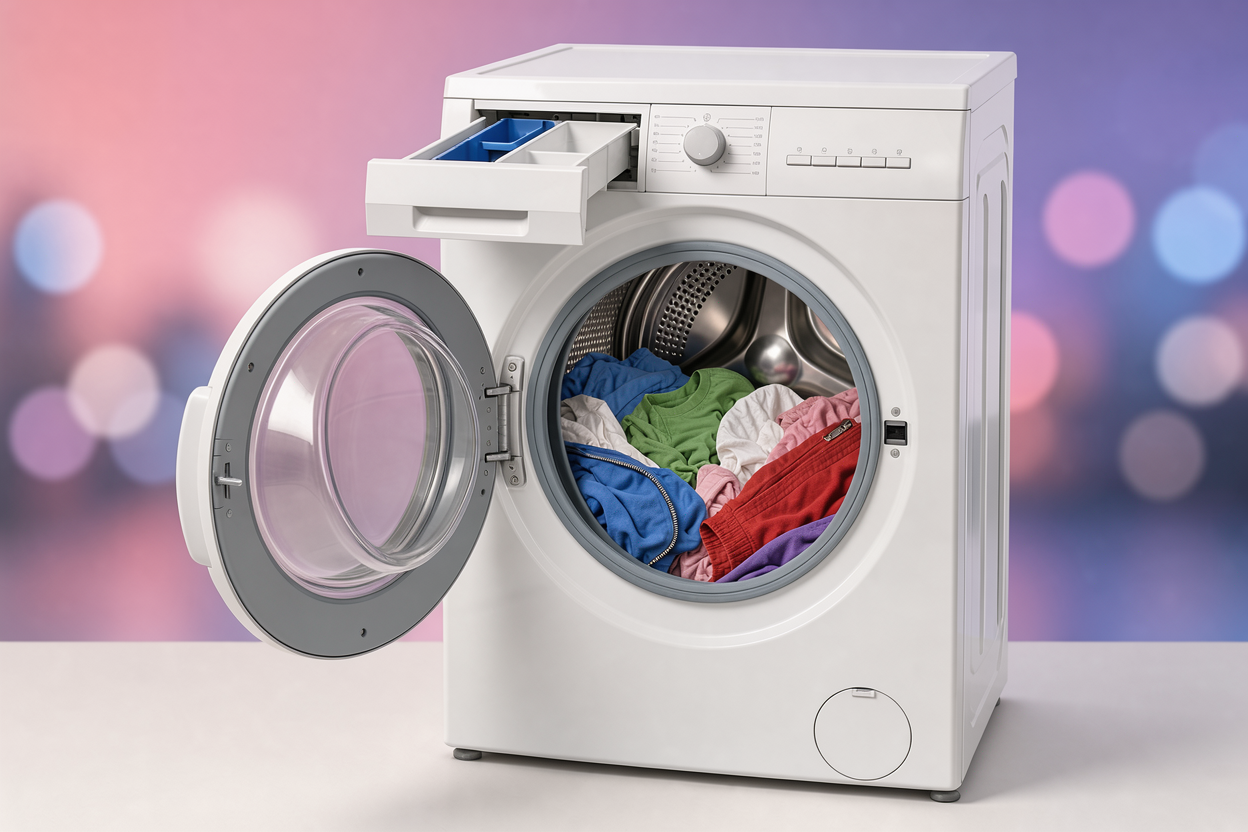 Open washing machine drum with balanced load of mixed clothing, zippers closed and garments turned inside out, with a clean detergent drawer visible