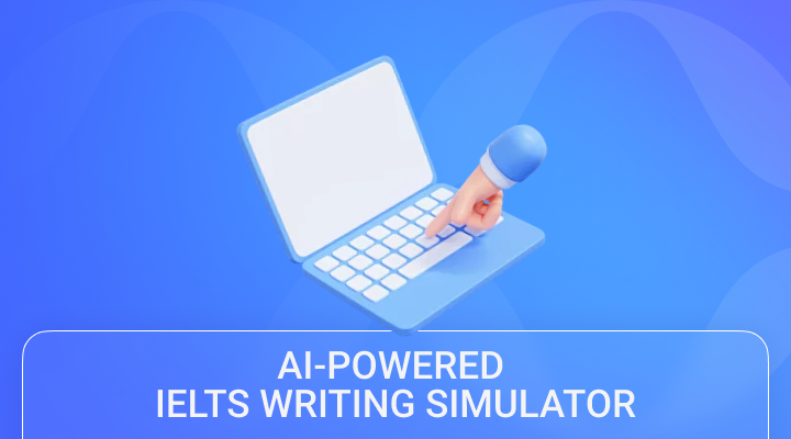 Cartoon laptop and a hand pressing button getting ready for an Ielts exam using AI-powered English-speaking assistant