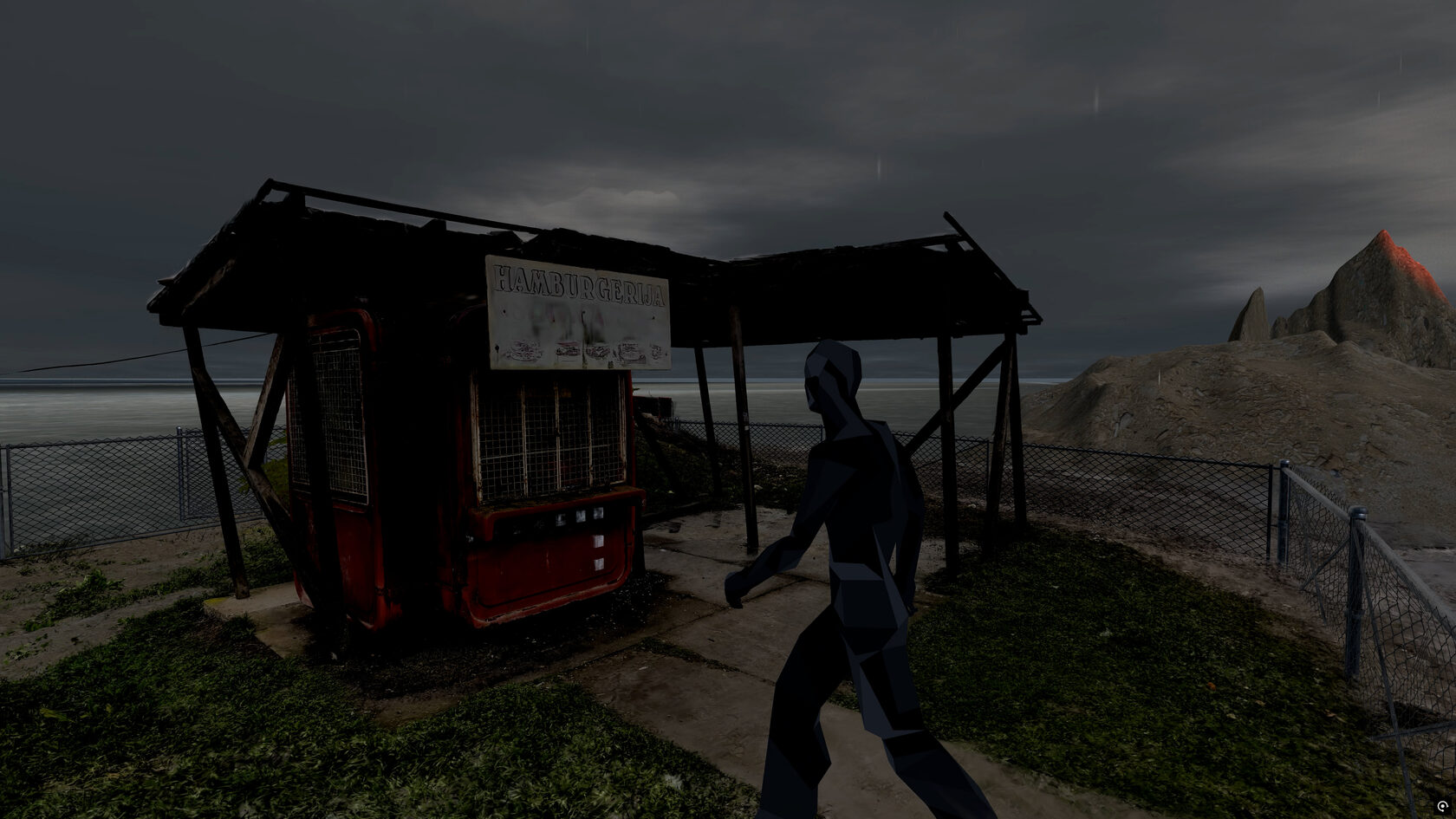 A VRChat avatar walking past the kiosk under a dark rainy sky