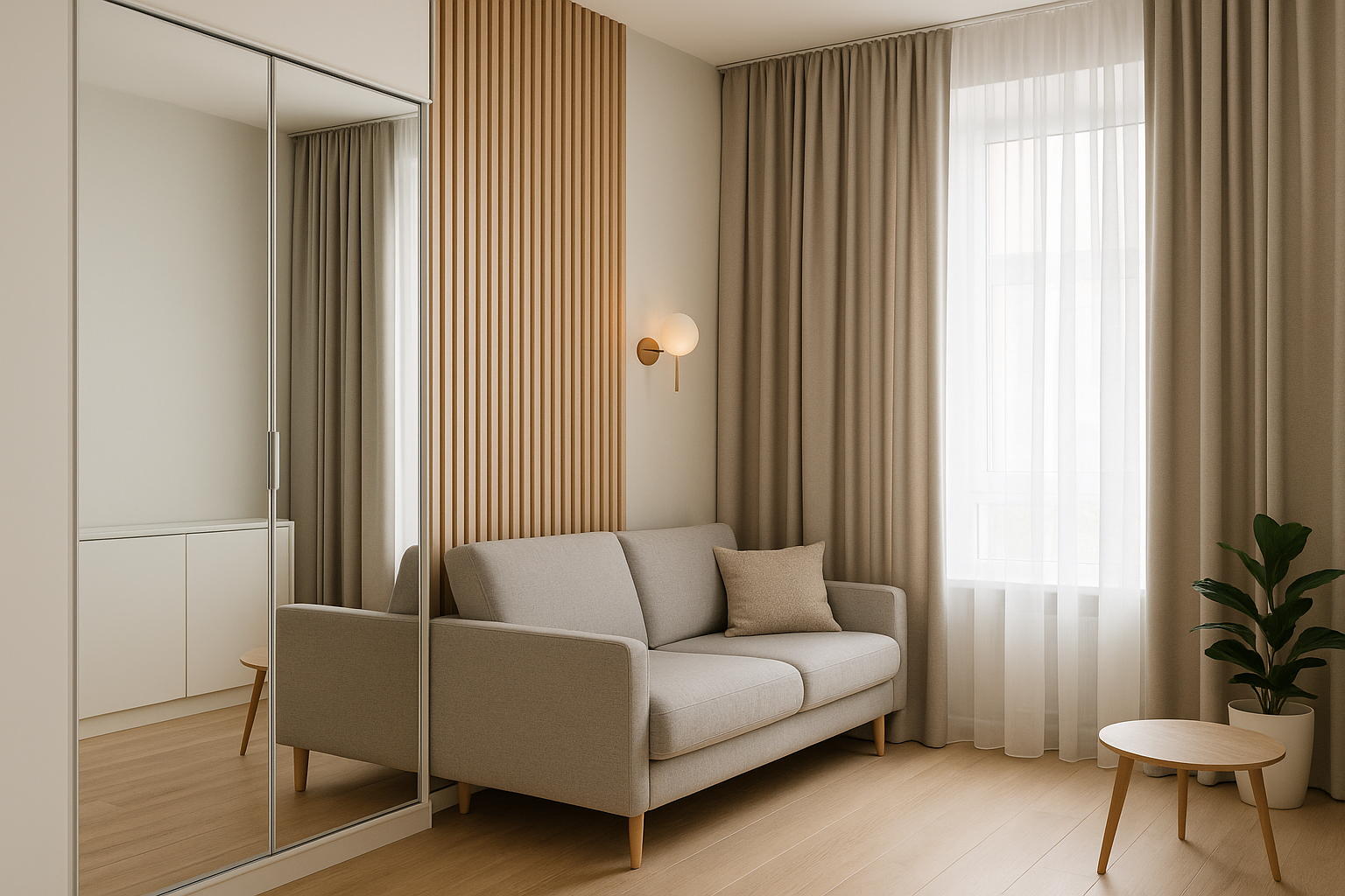 Интерьер с зеркальным фасадом шкафа, реечной панелью и шторами от потолка до пола