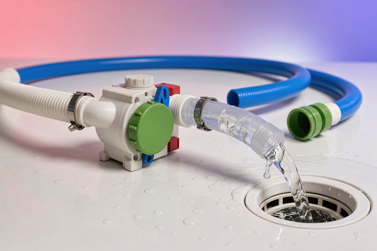 Close-up of a washing machine drain pump and hoses with water flowing out into a drain, no brand markings