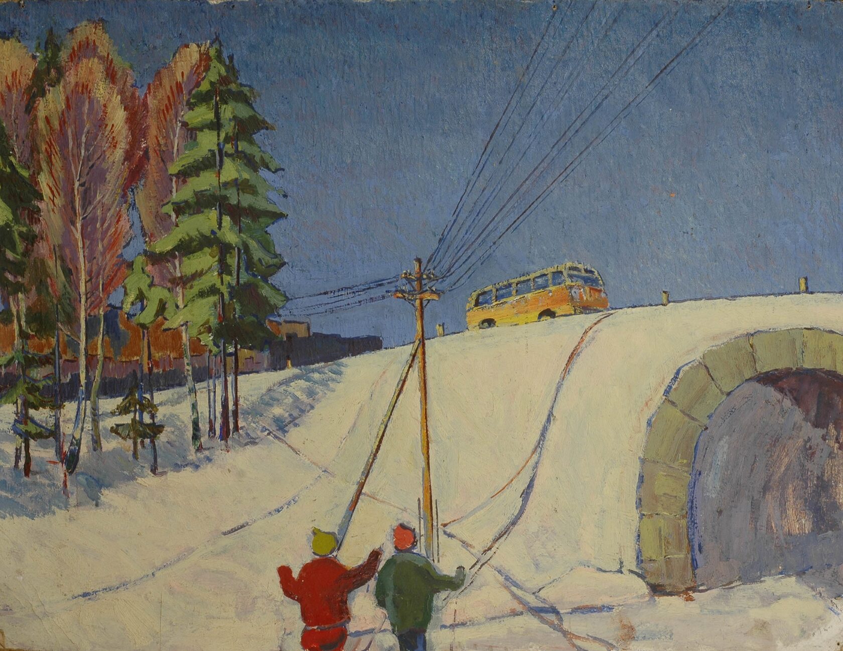 Зимний пейзаж с автобусом. 1960-е 