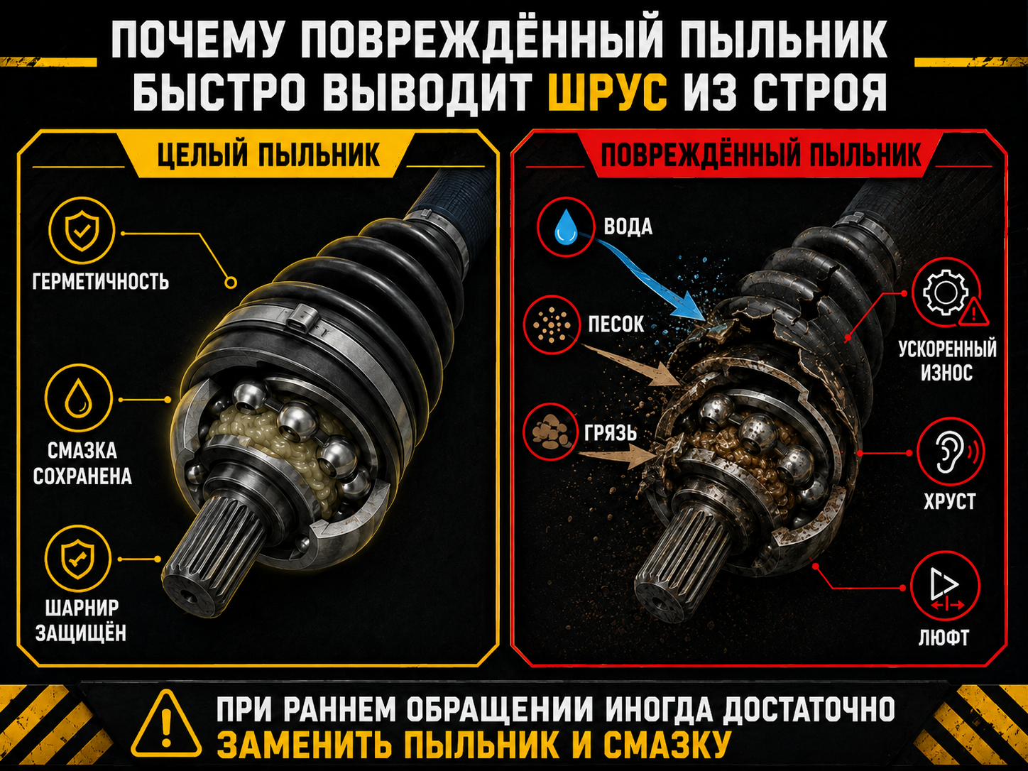 Повреждённый пыльник ШРУСа BRP и последствия попадания воды и песка
