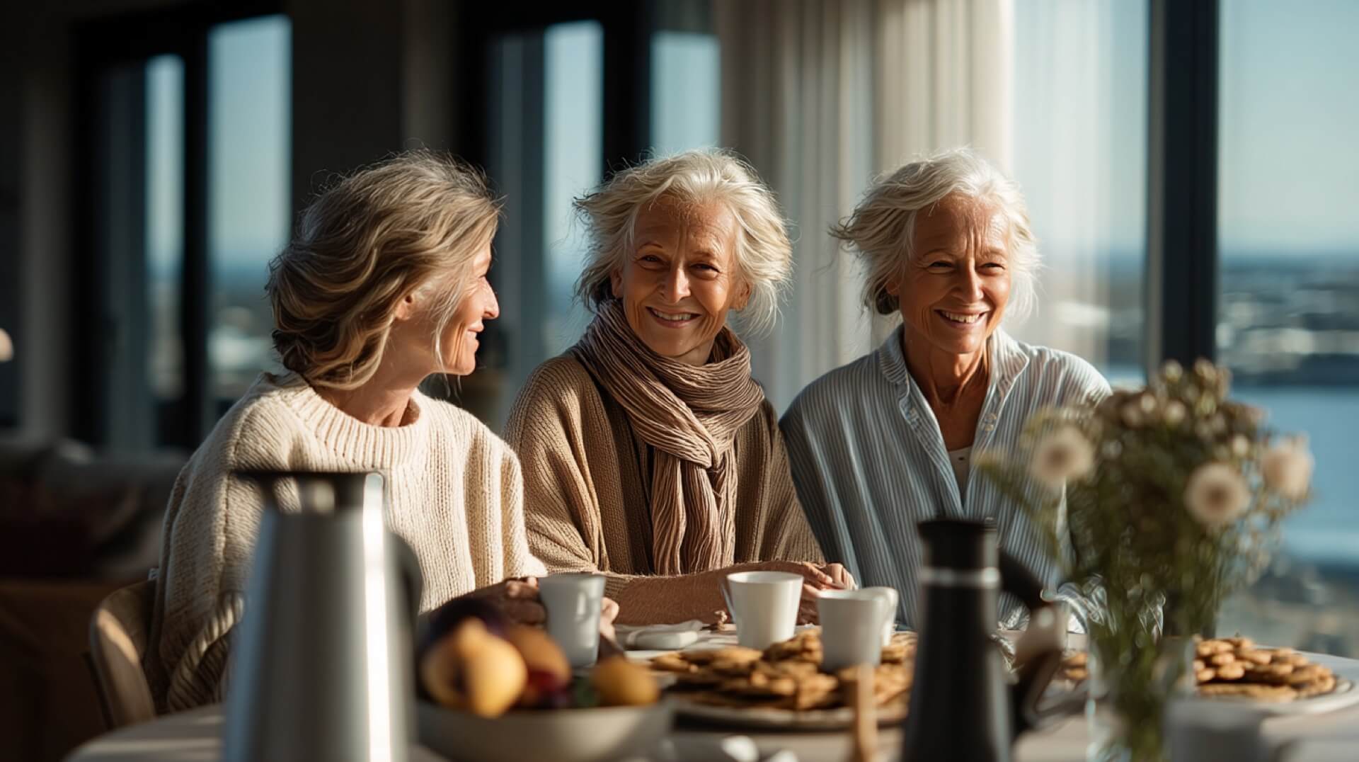 Три пожилые сестры (похожие на Ирину, Галину, Наталью) обнимаются на фоне уральской природы или в лесу с грибами.