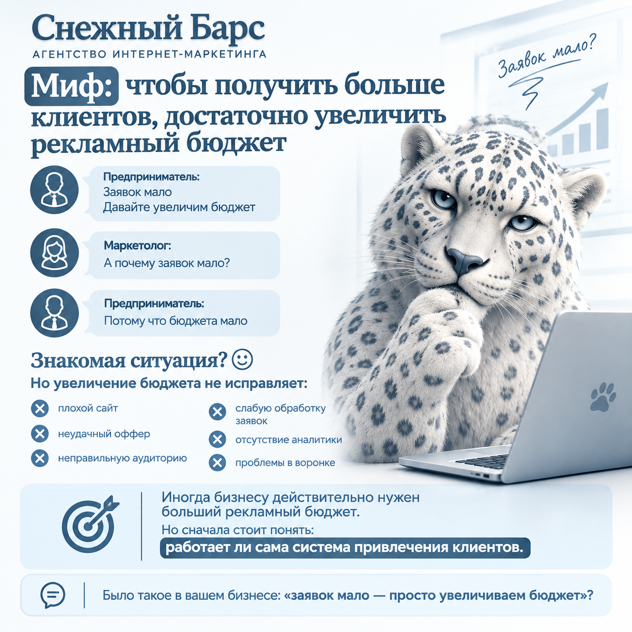 Миф о том, что для получения большего количества клиентов достаточно увеличить рекламный бюджет — снежный барс, ноутбук и инфографика о проблемах сайта, оффера, аудитории, обработки заявок, аналитики и воронки продаж