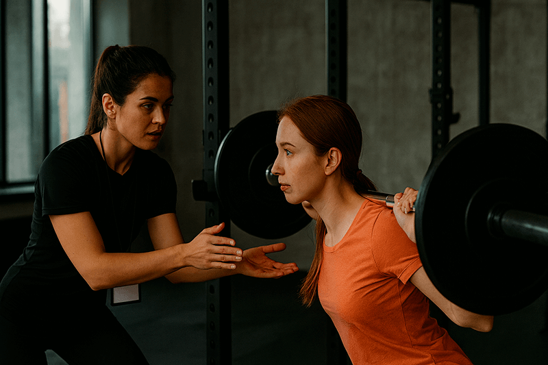 Тренер помогает клиентке выполнить присед со штангой в спортзале, внимательно следя за техникой. Визуал показывает практическую сторону работы фитнес-инструктора — постоянное взаимодействие, контроль движений и обучение.