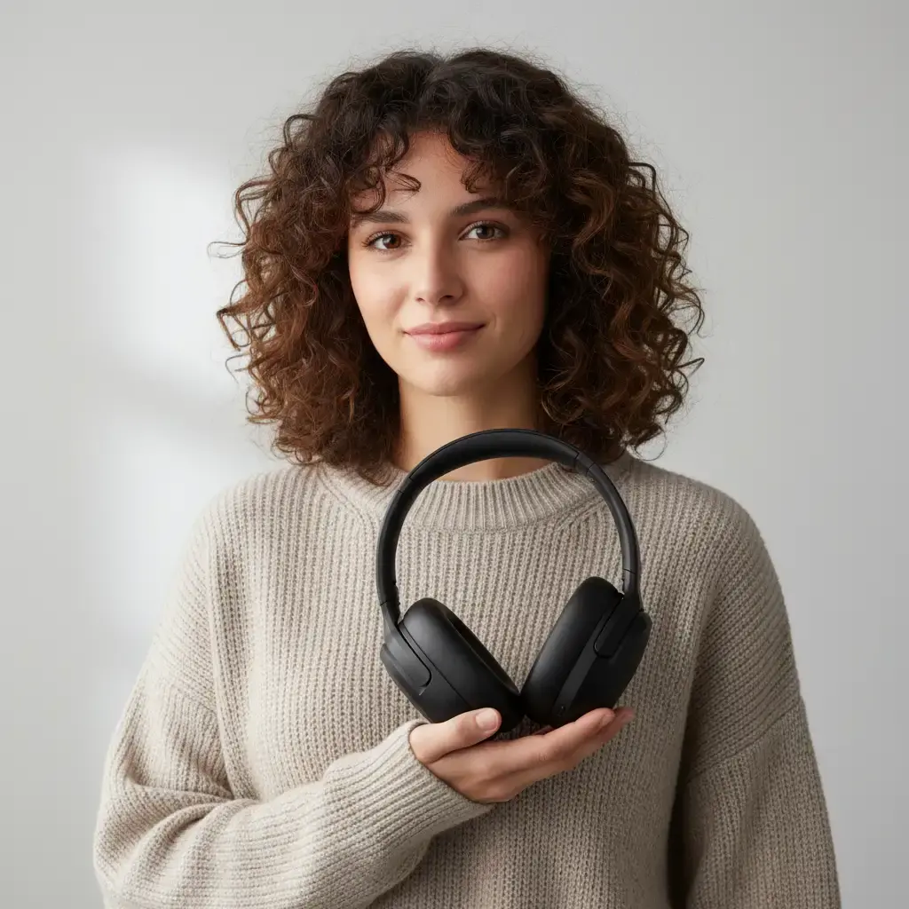 Наушники MEG и смартфон на столе в спокойном домашнем интерьере.