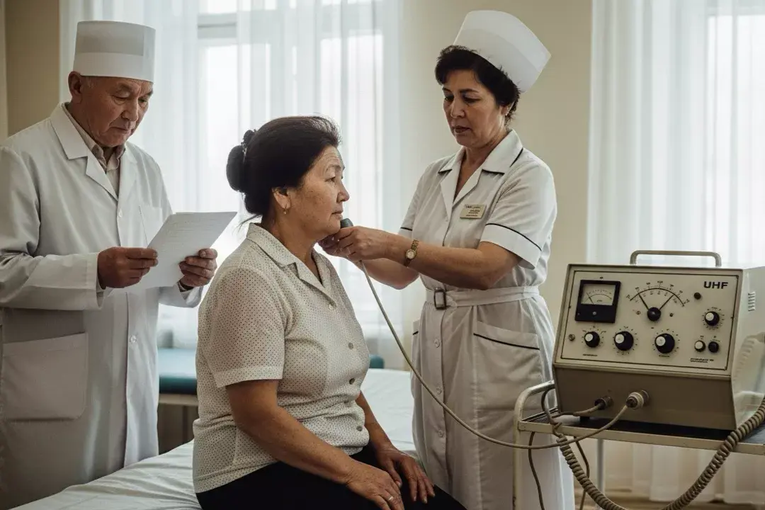 Физиокабинет в советской поликлинике, медсестра выполняет процедуру