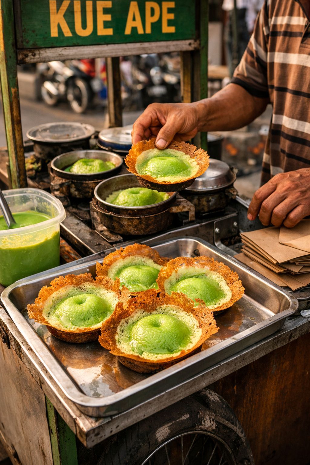 Kue ape tradisional Indonesia dengan pinggiran renyah dan bagian tengah lembut berwarna hijau