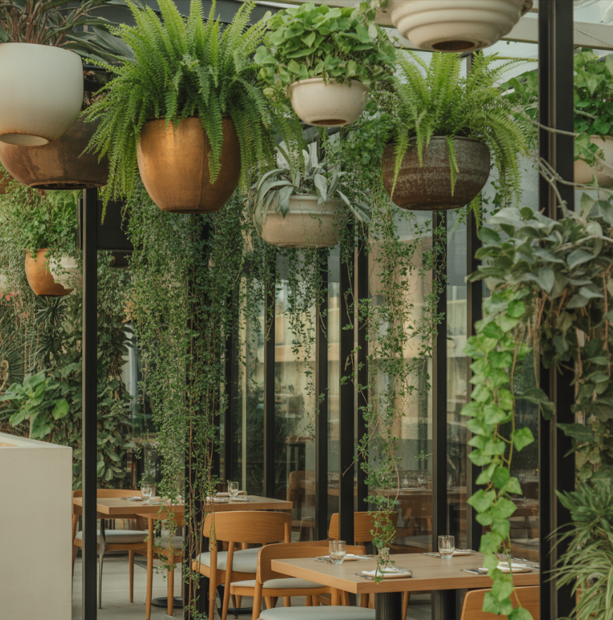 подвесные кашпо и потолочное озеленение террасы