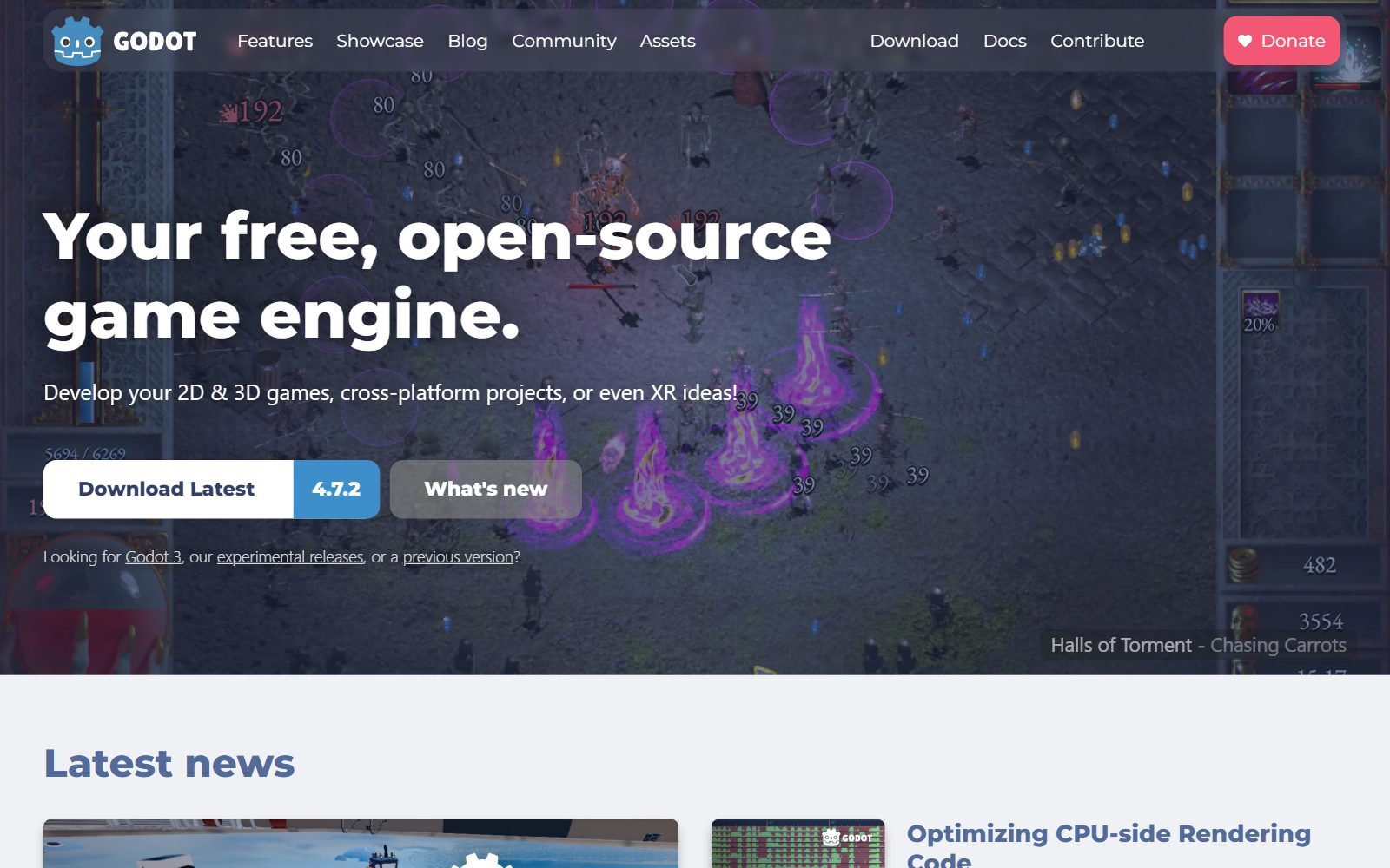 Godot Engine homepage screenshot showing version 4.7.2 (October 2026)