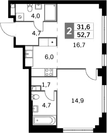 2-комн 52,7 м²