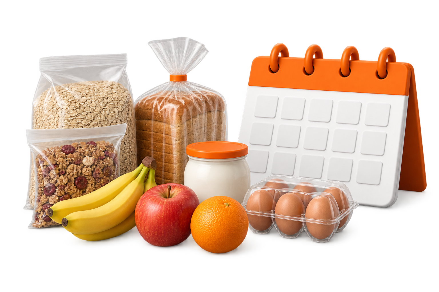 Запас продуктов для завтрака и календарь поставок — иллюстрация