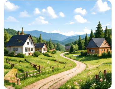 Деревня в горах: дорога, дома и лес