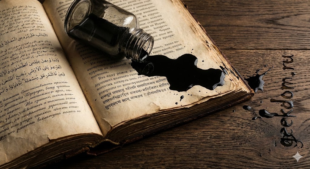 Старинная книга и чернильница символизируют Международный день родного языка