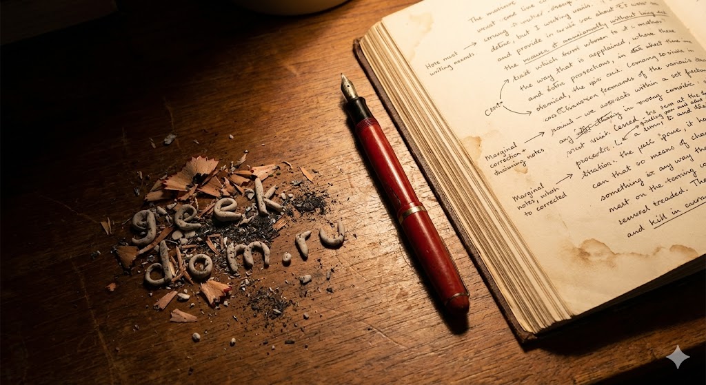 Красная ручка и рукопись с правками в День корректуры