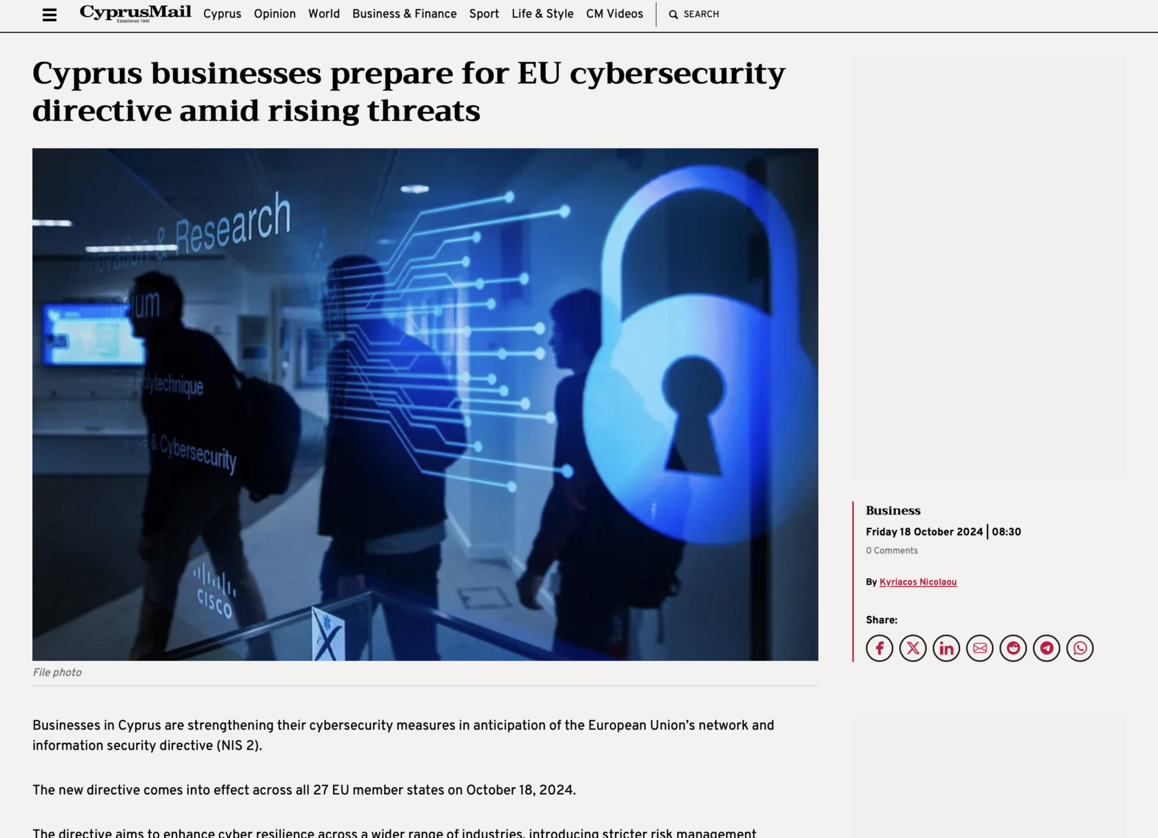 CyprusMail - Cyprus businesses prepare for EU cybersecurity directive amid rising threats