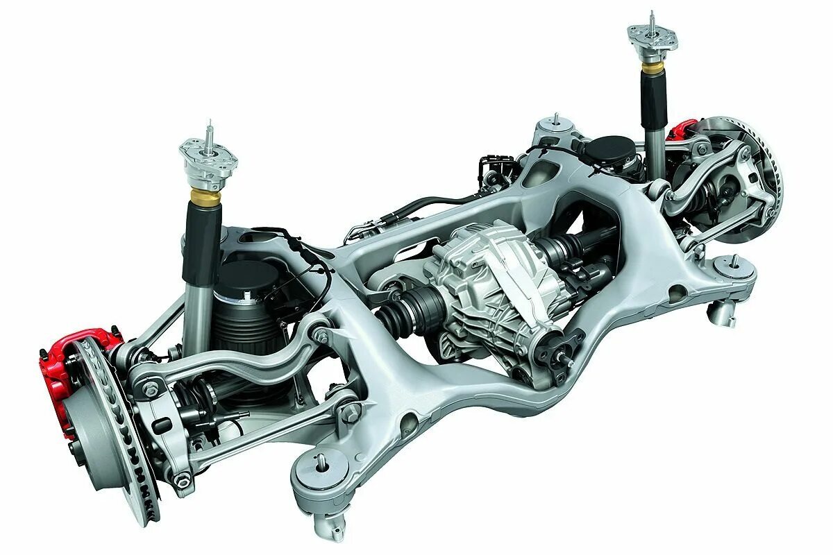 Детализированное изображение элементов многорычажной задней подвески автомобиля VAG, включая амортизатор, пружину, рычаги и сайлентблоки, демонстрирующее сложность конструкции и ее компонентов