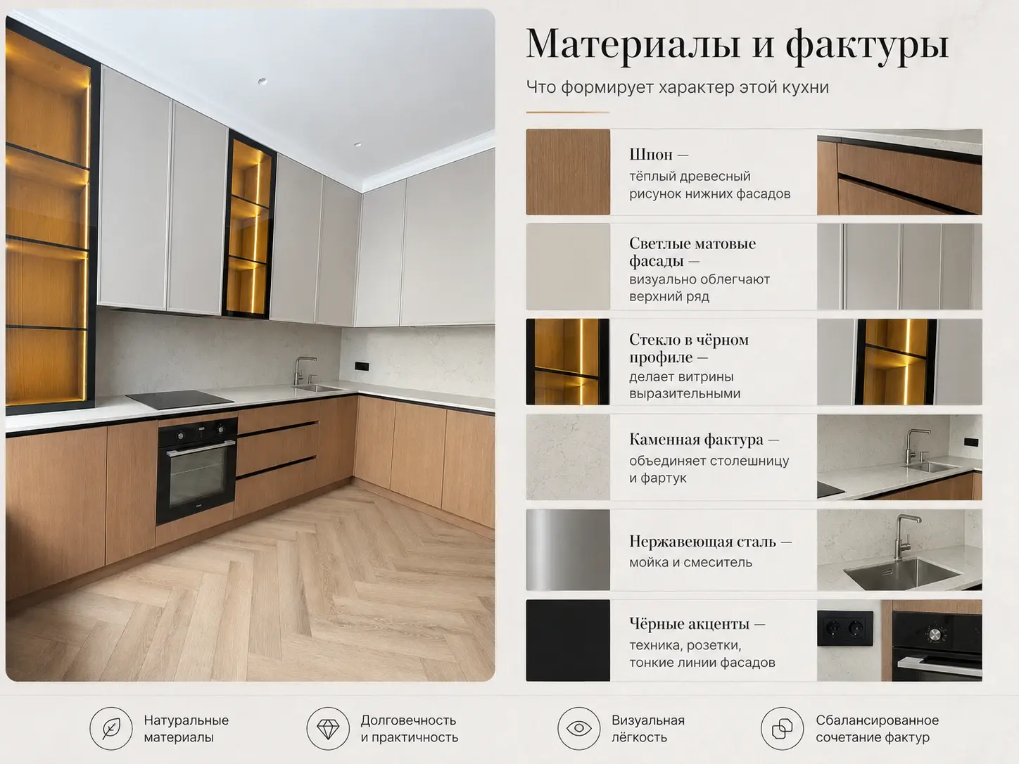 Инфографика: материалы и фактуры кухни.