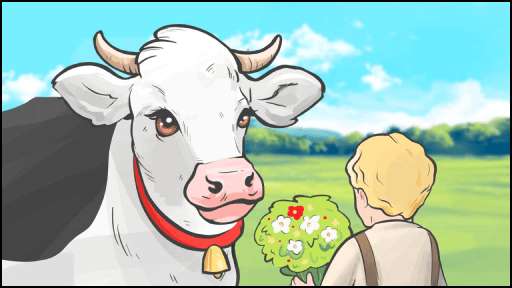 Трогательная деталь рекламного ролика: ребёнок угощает корову свежими цветами – символ доброты