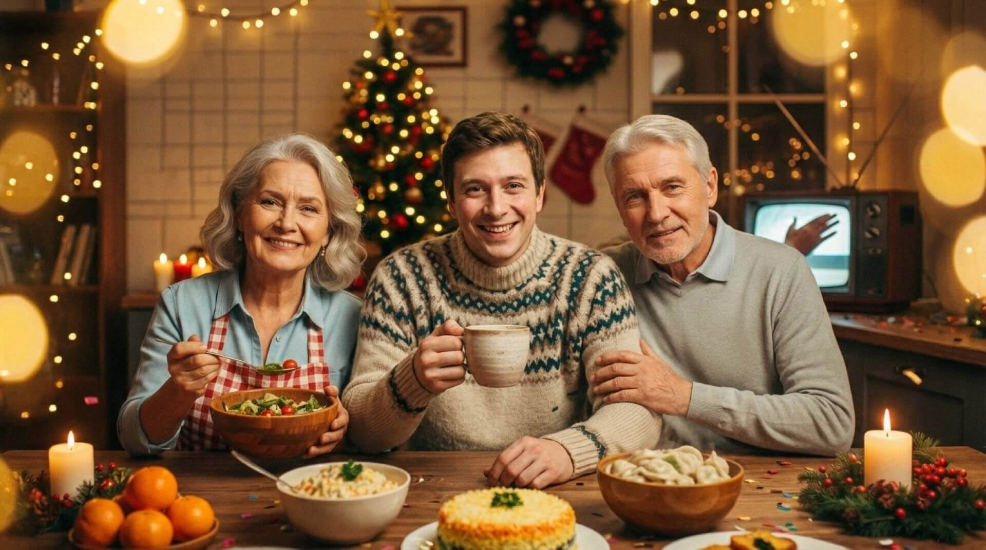 Песня с Новым годом для родителей — семейный уютный вечер за праздничным столом, тепло, улыбки и огни ёлки
