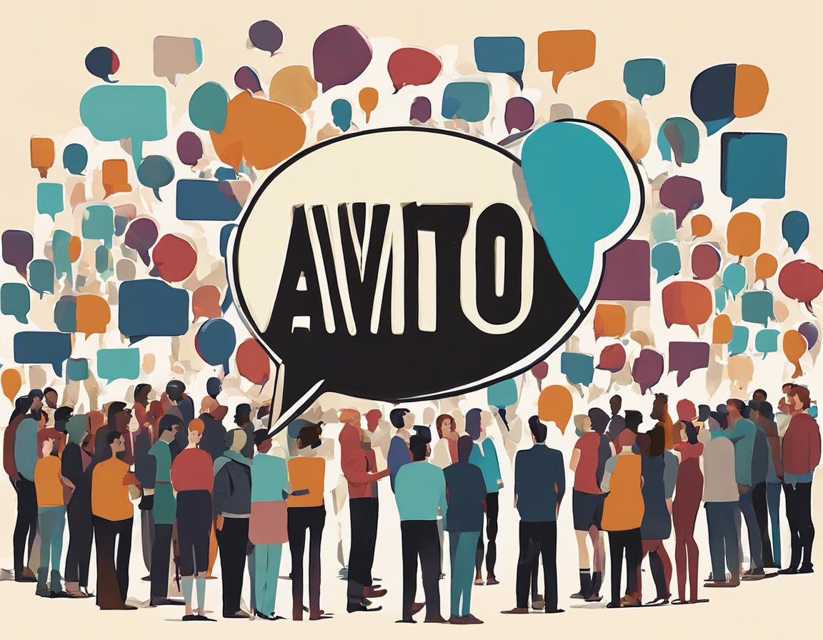 толпа людей с облачками для речи, в некоторых из которых содержится логотип Авито