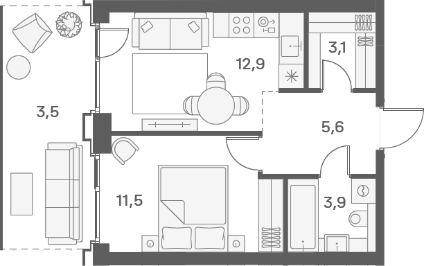 2-комн 37 м²