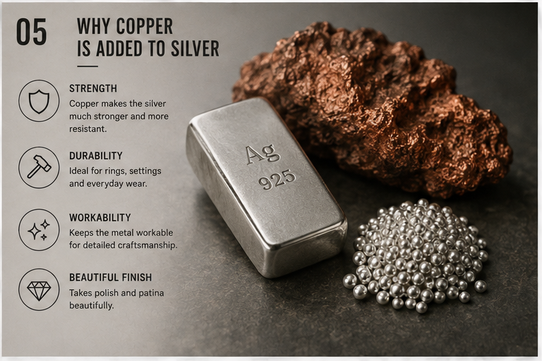 Benefits of adding copper to sterling silver 925 including strength durability workability and finish