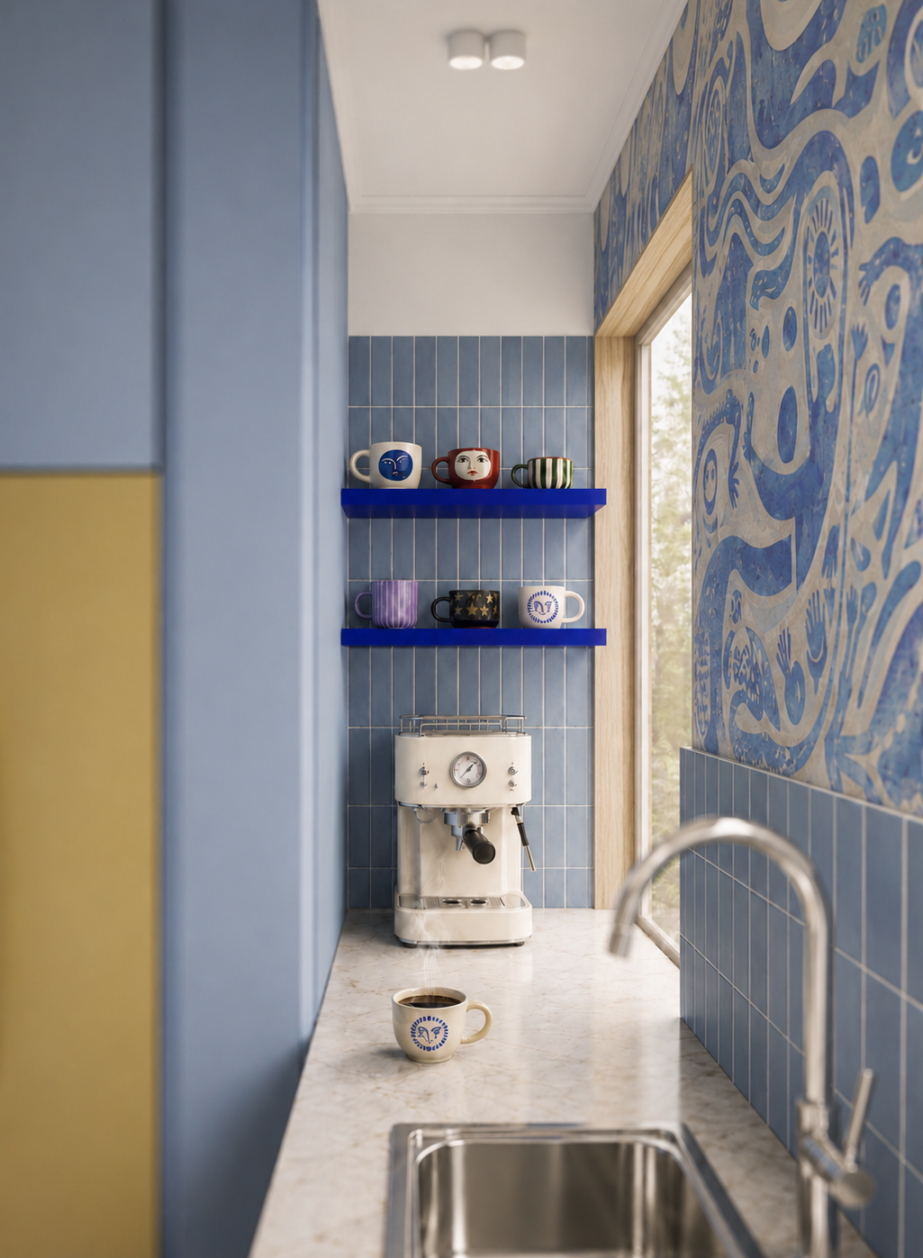 Compact coffee niche with blue shelving and tiled walls