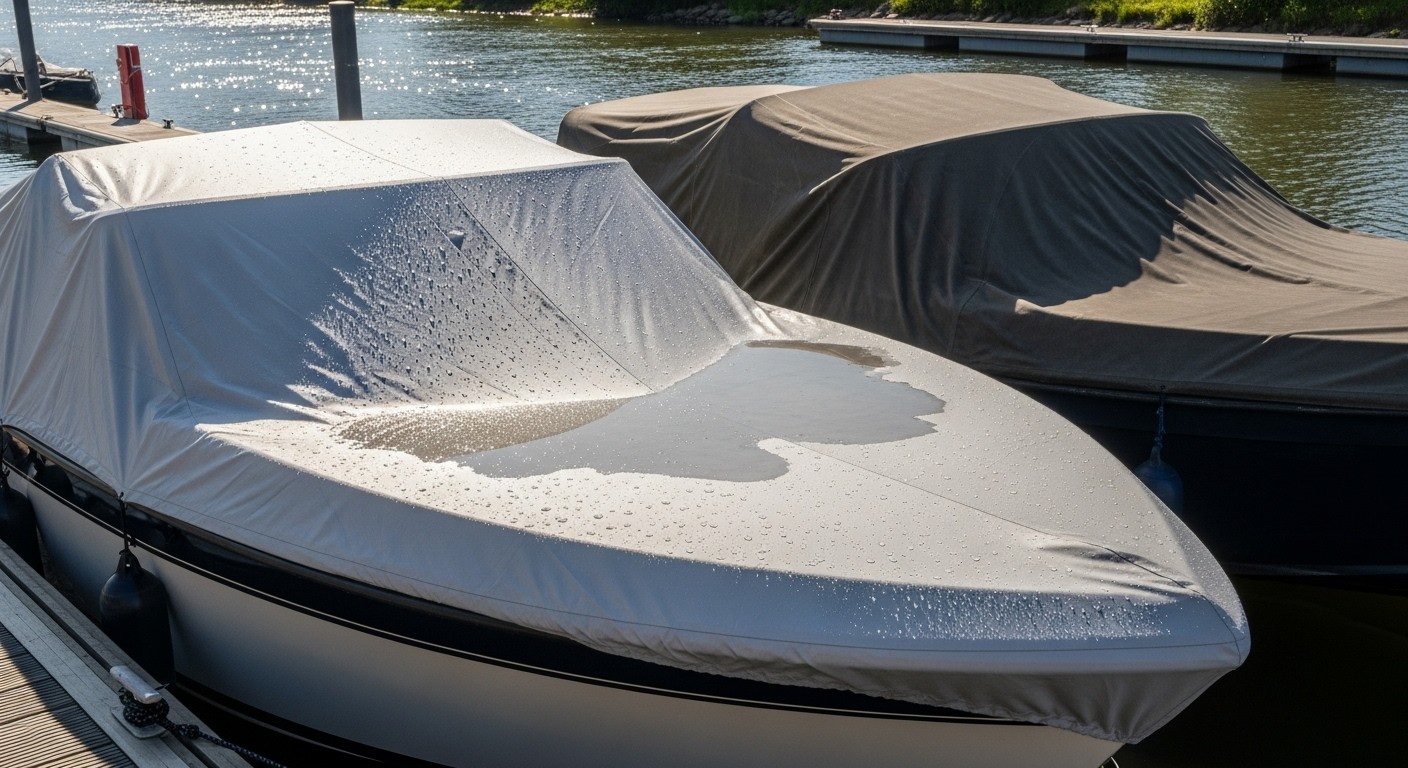 Тент на катер из водонепроницаемой ткани оксфорд с каплями воды на поверхности для защиты судна от дождя и влаги на стоянке