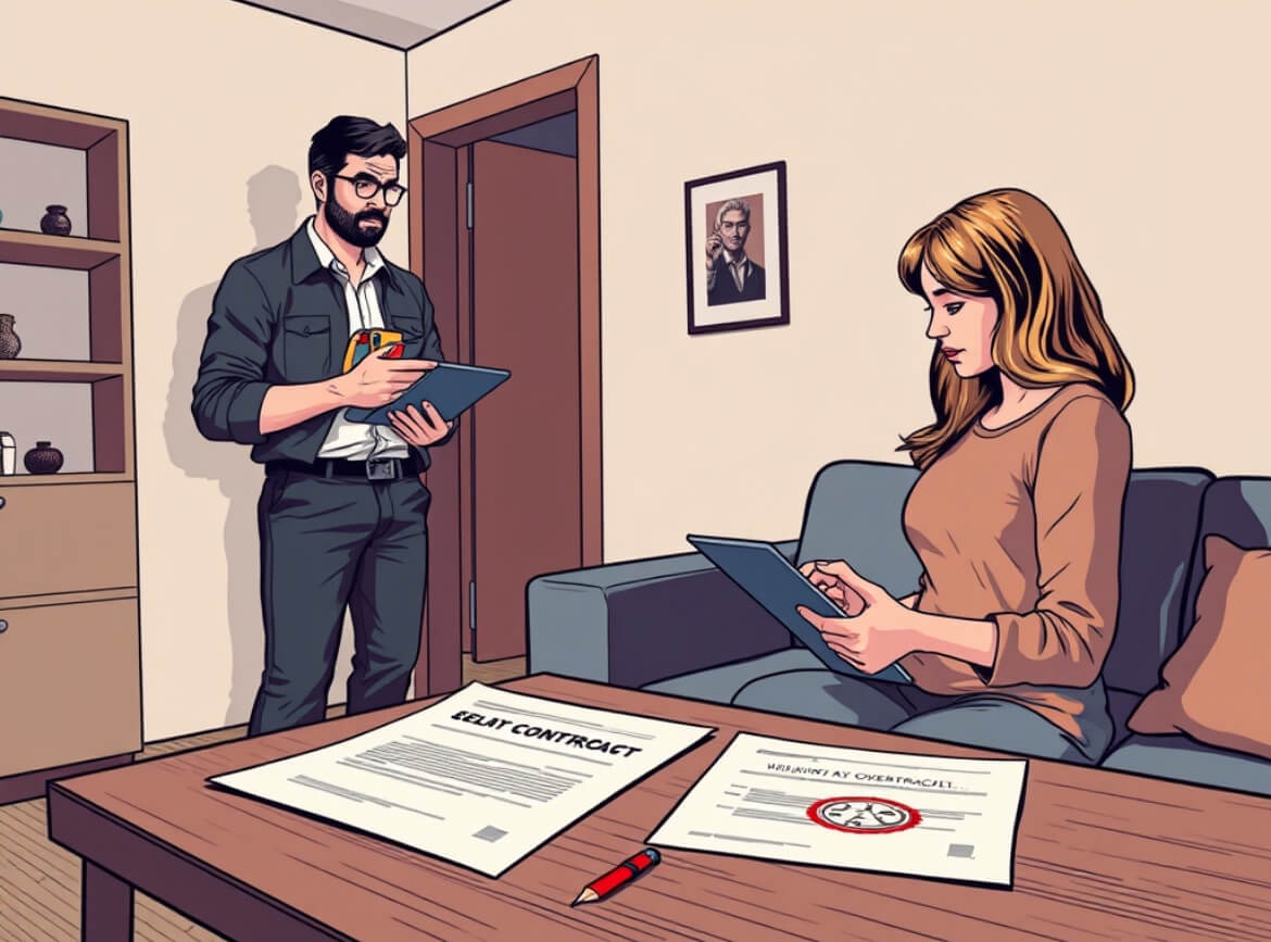 В уютной квартире архитектор с рулеткой и планшетом замеряет площадь, замечая несоответствие с данными в договоре, рядом с ним покупатель осознает переплату, а на столе видны юридические документы с печатью, символизирующие процесс исправления ошибки.