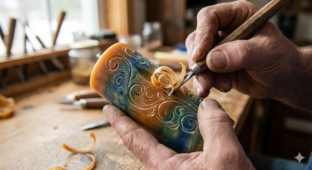 Процесс резного декорирования свечи мастером вручную