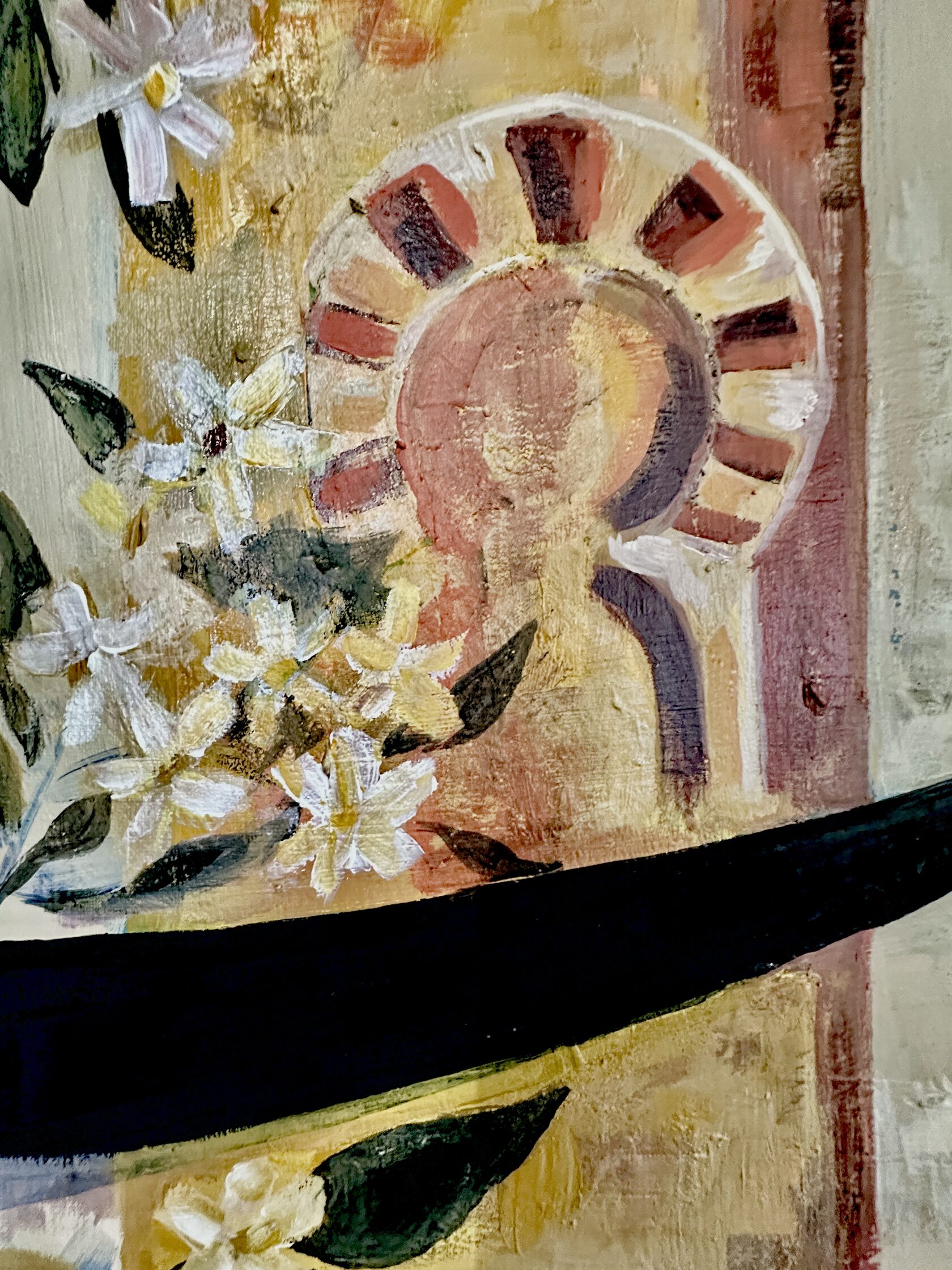 Sevilla detail — fresco figure and white flowers