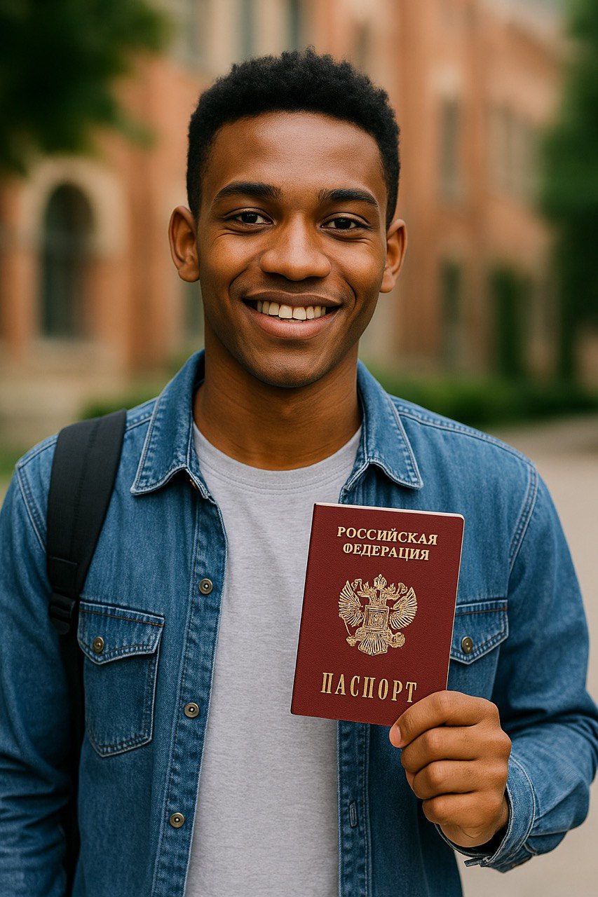 Estudiante extranjero sosteniendo un pasaporte ruso frente a un edificio universitario