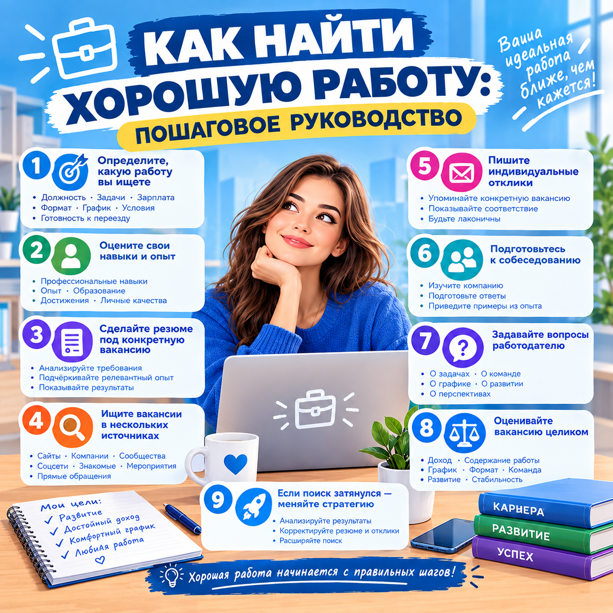Как найти хорошую работу: пошаговое руководство по выбору вакансии, составлению резюме, поиску работы, подготовке к собеседованию и оценке предложения работодателя