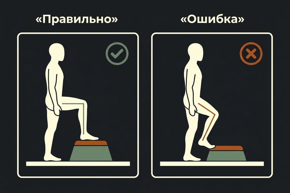 Схема: правильная и неправильная постановка стопы и колена на степ-платформе