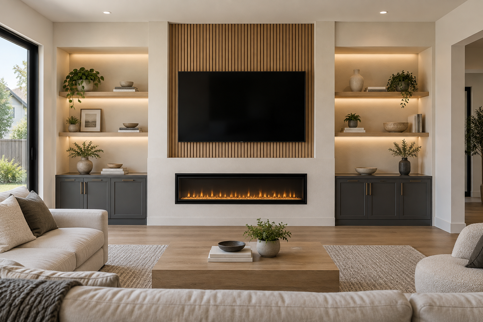 Custom media wall with a TV, linear fireplace, oak slat panels, built-in cabinets, open shelving, and integrated lighting.