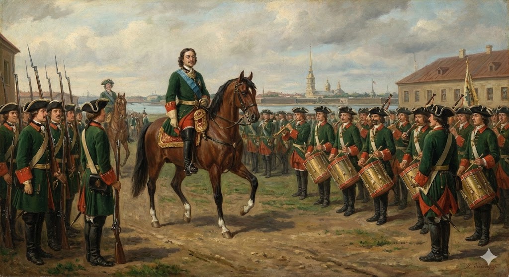 Петр Первый и военные музыканты 18 века, историческая иллюстрация становления оркестровой службы