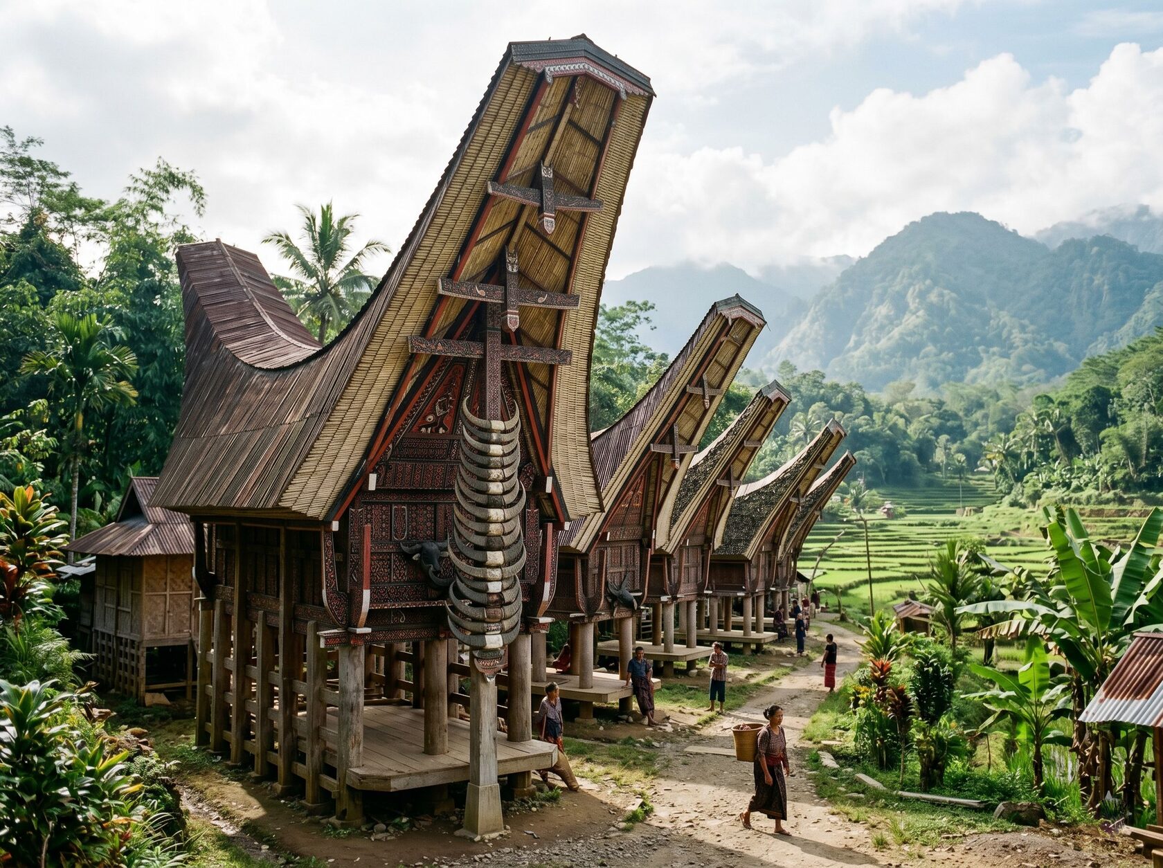 Rumah adat Toraja Tongkonan di Sulawesi Selatan dengan atap melengkung dan ukiran tradisional