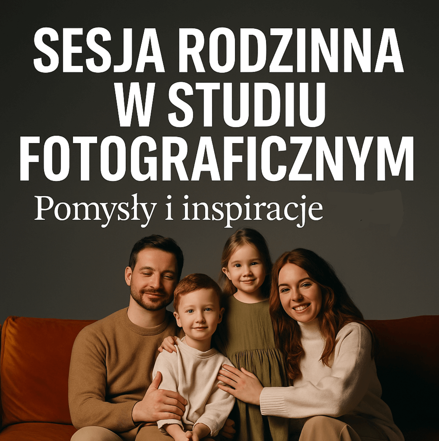 Sesja rodzinna w studiu fotograficznym – pomysły i inspiracje”; stylizowane zdjęcie z naturalnym światłem i uśmiechniętymi rodzicami z dwójką dzieci na tle neutralnej scenografii.
