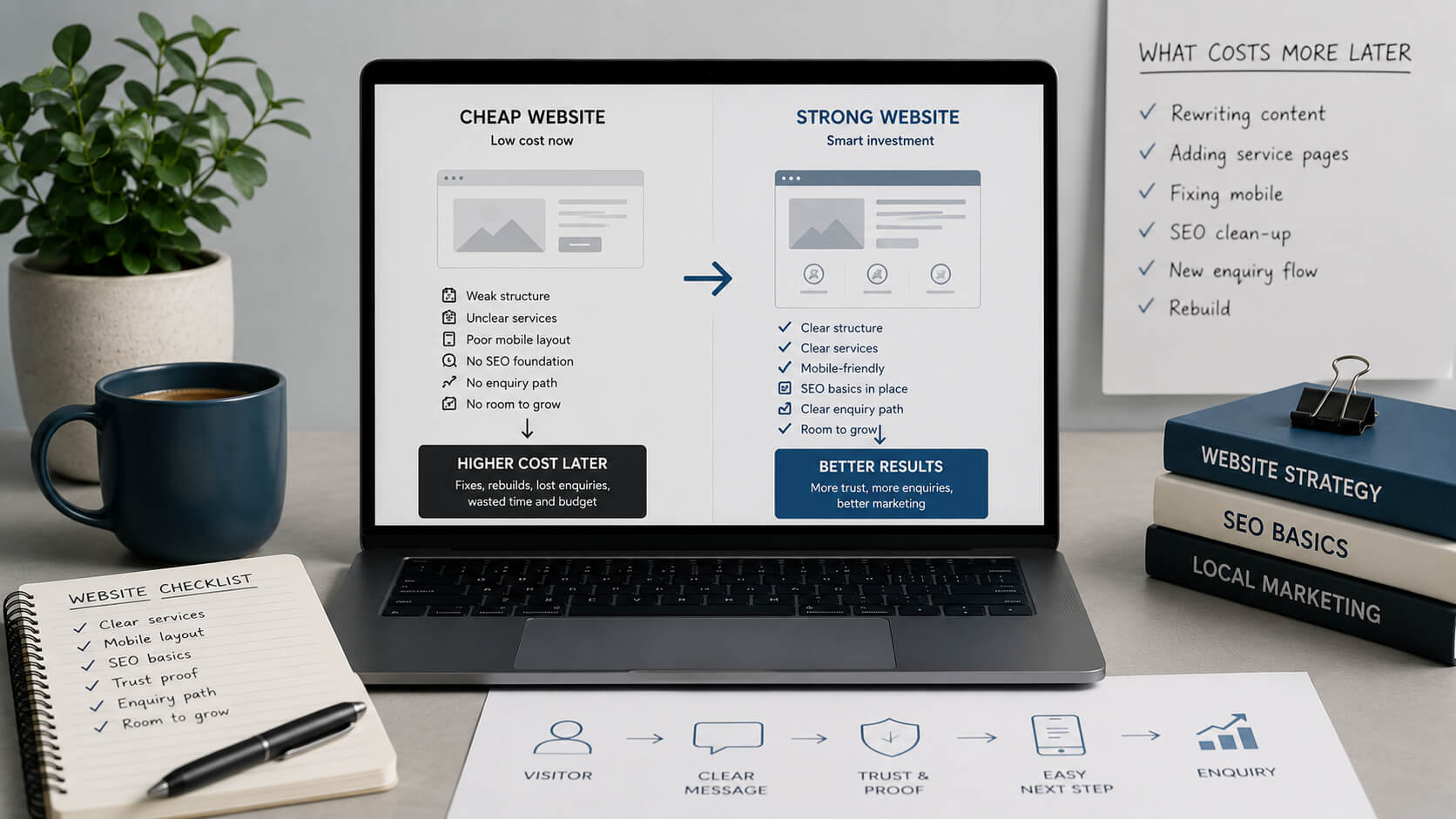 Abstract website rebuild concept showing a cheap weak website leading to extra fixes rebuild work SEO repair and enquiry path improvements.