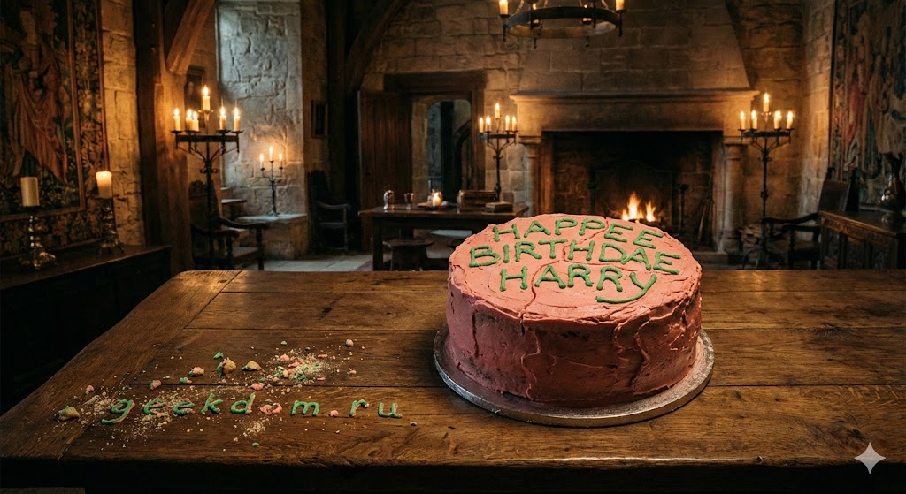 Знаменитый розовый торт ко дню рождения Гарри Поттера на деревянном столе.