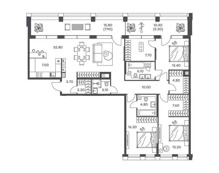 Планировка 4-комнатной квартиры 145,7 м² в ЖК «Инджой»: секция 2, 10-й этаж