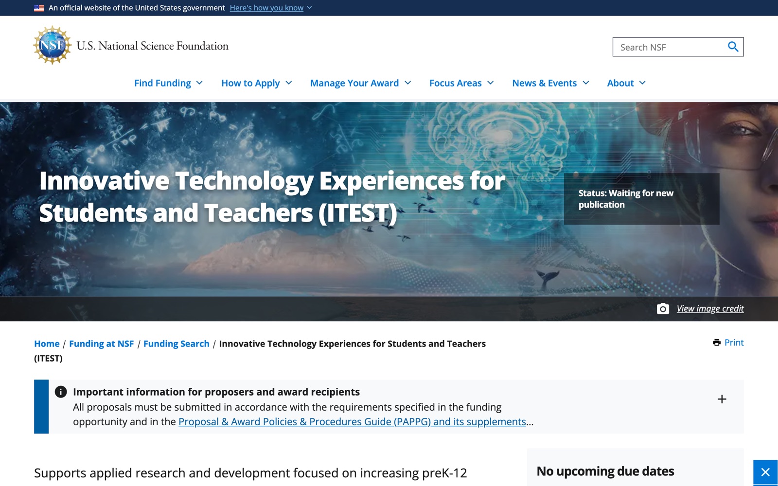 NSF ITEST official page screenshot: National Science Foundation programme for technology experiences in PreK-12 learning